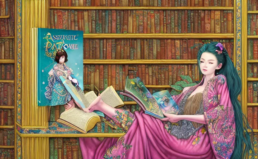 Image similar to a detailed fantasy pastel portrait of a woman wizard in ornate clothing lounging on a purpur pillow on the marble floor in front of her bookcase in a room, reading an ancient tome. to the side is a potted plant. ancient retrofuturistic setting. 4 k key art. raytracing, by chie yoshii and yoshitaka amano.