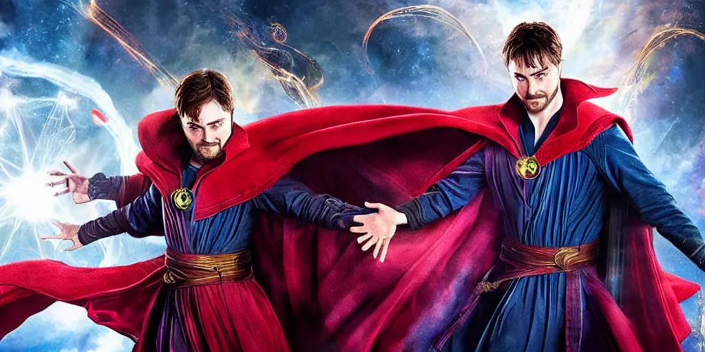 Prompt: photorealistic art of Daniel Radcliffe as Doctor Strange and Emma Watson as Scarlet Witch, dynamic lighting, space atmosphere, hyperrealism, stunning visuals