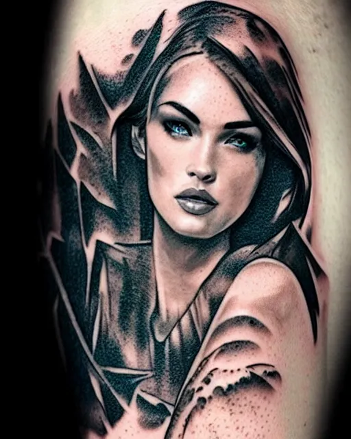 Image similar to double exposure effect tattoo design sketch of megan fox with beautiful mountains, realism tattoo, in the style of den yakovlev, amazing detail, sharp