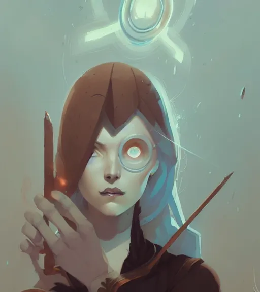 Prompt: portrait of a female mage, fantasy, by atey ghailan, by greg rutkowski, by greg tocchini, by james gilleard, by joe fenton, by kaethe butcher, dynamic lighting, gradient light blue, brown, blonde cream and white color scheme, grunge aesthetic