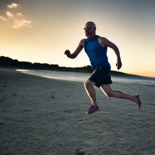 Image similar to Walter White running on the beach, artistic, 8k, cinematic, accurate, symetric, face, dramatic lighting, pastel colours