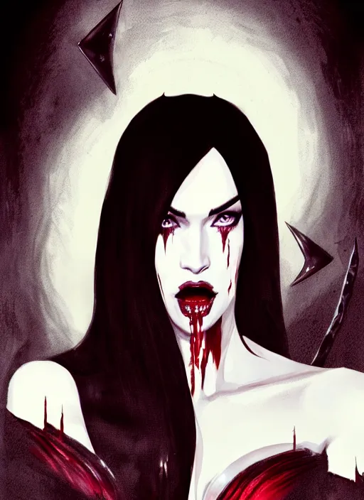 Image similar to portrait of megan fox as a evil vampire queen, bloody tears, jewelry, greek, dark, intricate, headshot, vampirism fangs, key visual, conceptart, ambient lighting, highly detailed, digital painting, artstation, concept art, sharp focus, by makoto shinkai and akihiko yoshida and greg manchess