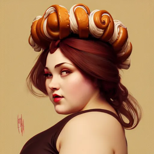 Prompt: curvy woman with a bundt cake on her head, digital art, cinematic, concept art, 8k, painting, imaginefx, cgsociety, art nouveau, Alphonse Mucha, trending on artstation, medium shot, head shot