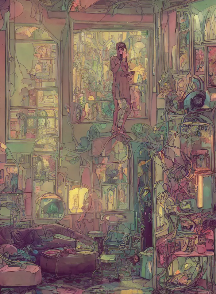 Image similar to telephoto 7 0 mm f / 2. 8 iso 2 0 0 photograph depicting the feeling of chrysalism in a cosy safe cluttered french sci - fi ( ( art nouveau ) ) cyberpunk apartment in a pastel dreamstate art cinema style. ( person relaxing living room ) ( ( fish tank ) ), ambient light.