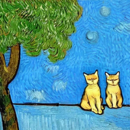 Prompt: two Siamese cats sitting on a windowsill with blue sky and trees in the style of van gogh