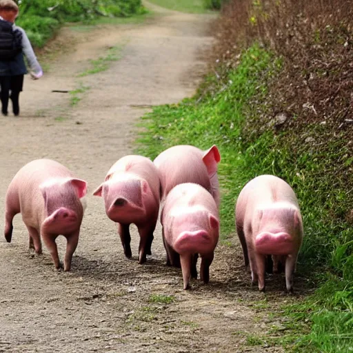 Prompt: Six pigs walking backwards to school