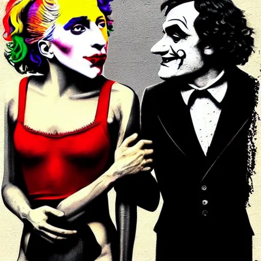 Prompt: ilya yefimovich repin and mimmo rottela and banksy as joaquin phoenix skinny joker, holding hand, lady gaga harley queen, ultra photorealistic, intricate details, pop art style, concept art, confident posse, perfect models anatomy, justify content center, 2 colours, warm color, 4 k, ultra smooth, sharp focus