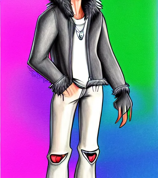 Image similar to expressive stylized master furry artist digital colored pencil painting full body portrait character study of the sergal wolf fursona animal person wearing clothes jacket and jeans by master furry artist blotch