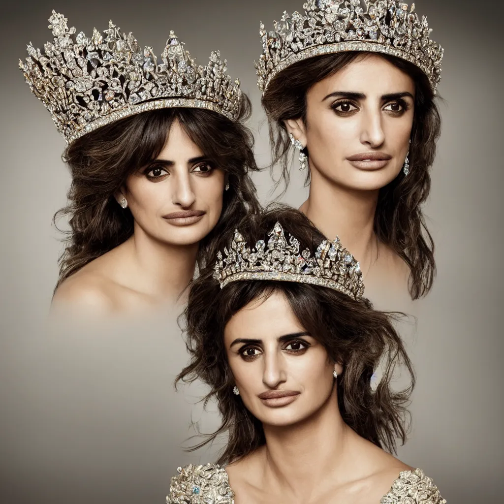 Image similar to penelope cruz as the queen of england, big crown adorned with emerald, diamonds, topaz and other jewellaries, sensual, beautiful soft light failling on her face, zoomed out, studio photography, nikon 3 5 mm portrait photography, ultra realistic