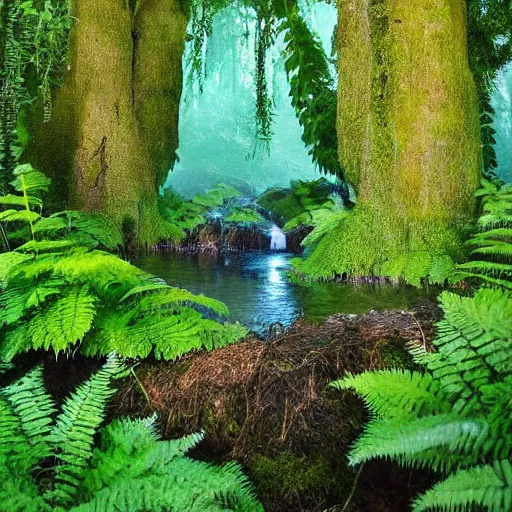 Prompt: 3 0 round pools of water in a forest, the wood between the worlds, narnia, cs lewis, lush green forest, moss and ferns, ferns,