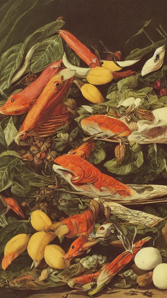 Image similar to a collection of food, illustration by john james audubon circa 1 8 3 8