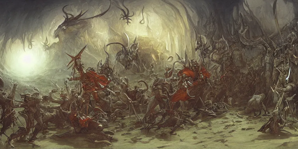 Image similar to art by john howe of the repelling of invaders making a deal with the devil.