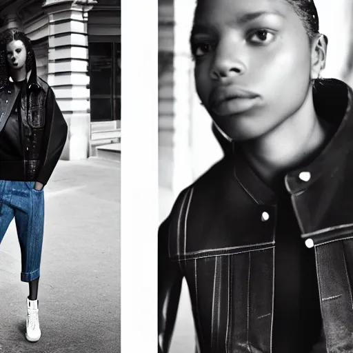 Image similar to realistic photoshooting for a new balenciaga lookbook color film photography portrait of a beautiful woman model, model wears a black paneled denim jacket, photo in style of tyler mitchell