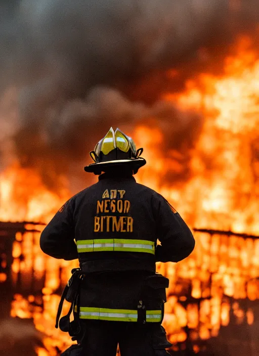 Image similar to a 3 5 mm photo from the back of a firefighter standing in front of a burning building, bokeh, canon 5 0 mm, cinematic lighting, film, photography, depth of field, award - winning