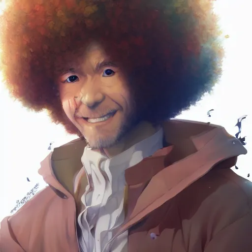 Prompt: anime portrait of Bob Ross as an anime girl by Stanley Artgerm Lau, WLOP, Rossdraws, James Jean, Andrei Riabovitchev, Marc Simonetti, and Sakimichan, trending on artstation