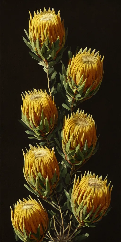 Prompt: detailed king proteas and pincushions against a black backdrop by thomas cole, artstation