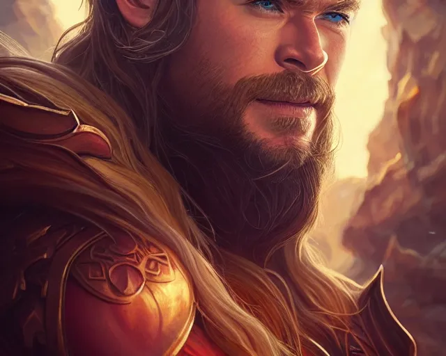 Image similar to photography of chris hemsworth, deep focus, d & d, fantasy, intricate, elegant, highly detailed, digital painting, artstation, concept art, matte, sharp focus, illustration, hearthstone, art by artgerm and greg rutkowski and alphonse mucha