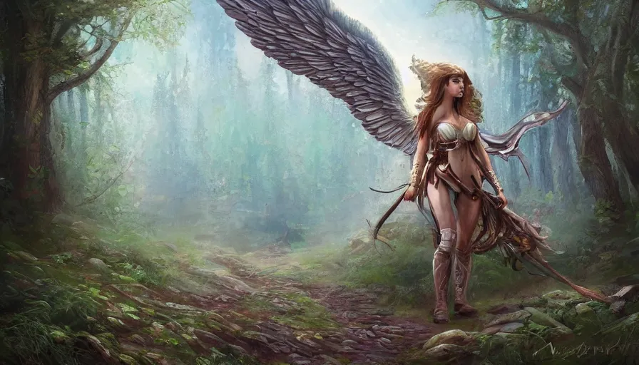 Image similar to A beautiful detailed painting of a female angel warrior on a magical forest path by marc simonteei and Kalin Popov , Trending on artstation HD.