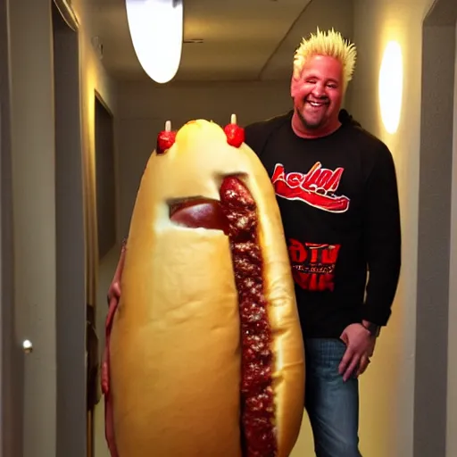 Image similar to lean, cut guy fieri poses with a huge hot dog in a dim hallway. he is very fit