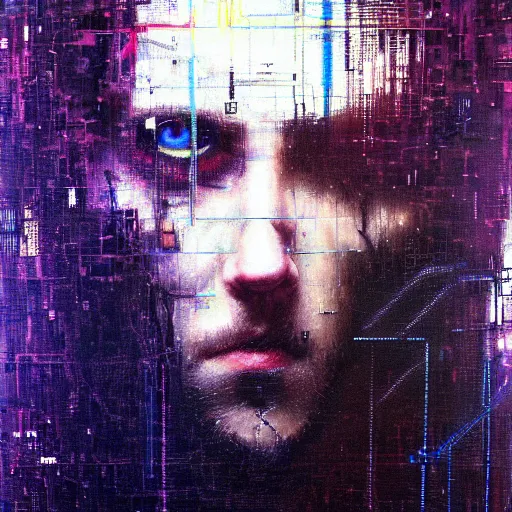 Prompt: hyperrealistic portrait of a cyberpunk man, long hair, by Guy Denning, Johannes Itten, Russ Mills, glitch art, glowing eyes, clear, complex, hacking effects, glitch effects, looking straight, digital tech effects, cybernetics, detailed lines, chromatic, color blocking!, oil on canvas, highly detailed, symmetrical, octane, concept art, abstract, blue and black, 8k, cinematic, trending on artstation