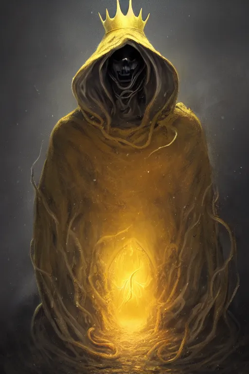 Image similar to A full body portrait of a mysterious character with no face with a very long hooded yellow cloak, a golden crown floating above his head tentacles coming out the ground art by John J. Park, and Shaddy Safadi, ominous, cosmic horror, trending on artstation, Ultra detailed, hyper realistic 4k