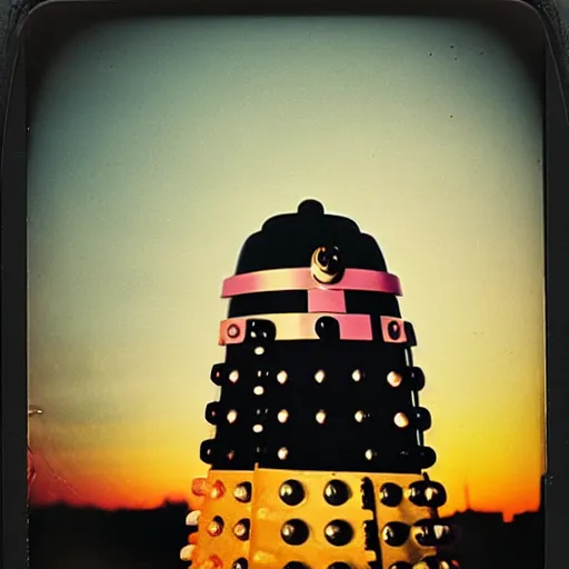 Prompt: dalek in London, sunset, beautiful polaroid photo, by Warhol,