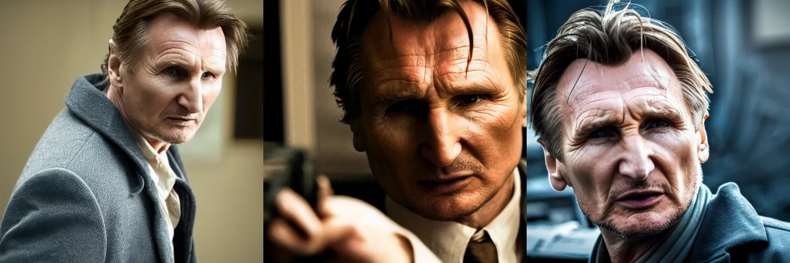 Prompt: close-up of Liam Neeson as a detective in a movie directed by Christopher Nolan, movie still frame, promotional image, imax 70 mm footage