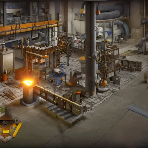 Image similar to 3 d render of a factory videogame. producing magic potions. factorio, rube goldberg. contraptions. clean, arnold render with raytracing.