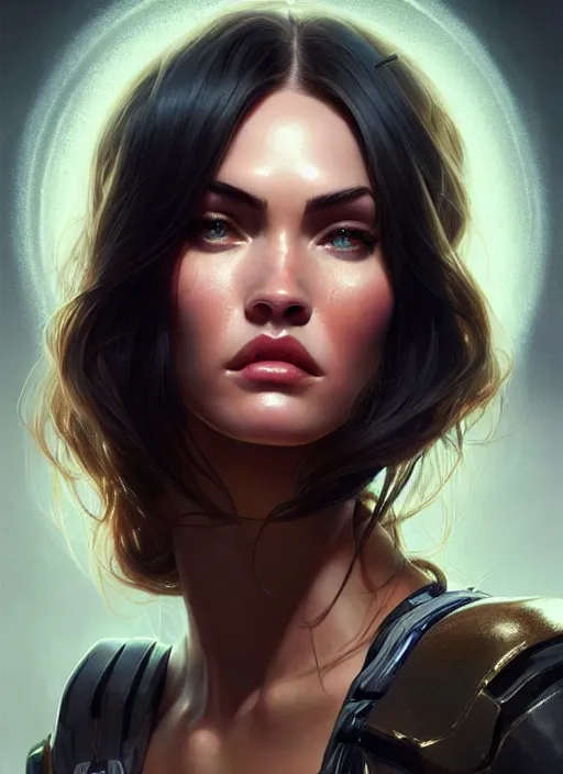 Image similar to portrait of apex legends megan fox, intricate, elegant, glowing lights, highly detailed, digital painting, artstation, glamor pose, concept art, smooth, sharp focus, illustration, art by artgerm and greg rutkowski, artey freytag