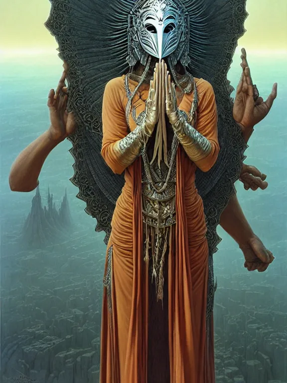 Prompt: soaring woman wearing a big mask with many long blades behind head. dressed in a long robe with wide sleeves and making namaste / anjali mudra gesture. fullbody highly detailed portrait, blurred background, concept art, masterpiece, fantasy art, hyperdetailed, hyperrealism, art by hildebrandt, donato giancola, larry elmore, arthur rackham, beksinski