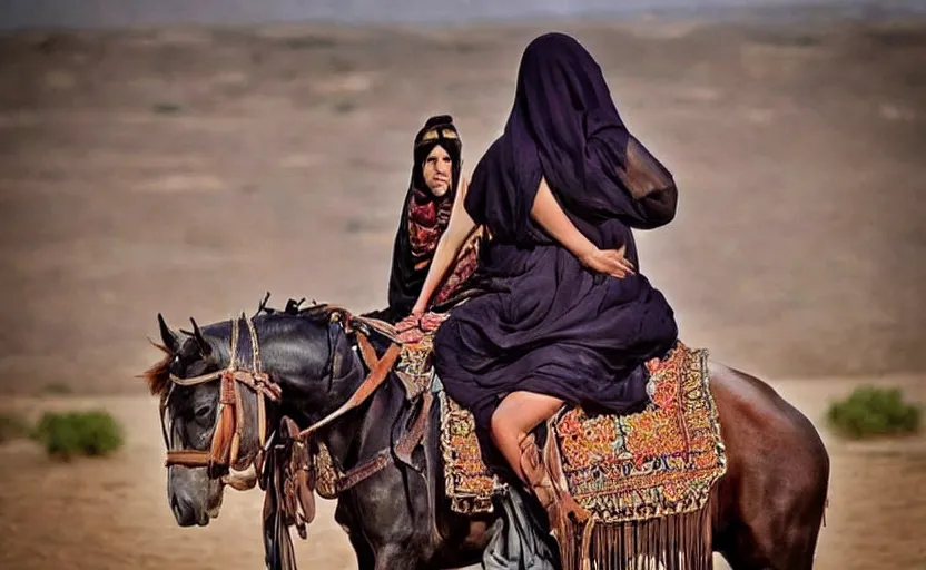 Image similar to beautiful burqa's woman, riding a horse!!! in saharan, sharp eyes, handling riffle on chest, shooting pose, perfect posture, dust, cinematic, dynamic pose, pinterest, center of interest