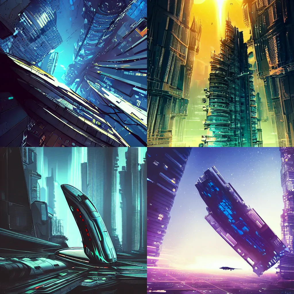 Prompt: a spaceship is falling down to a skyscraper, digital art, cyberpunk, sci-fi