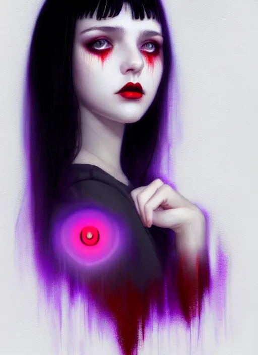 Image similar to portrait of teenage girl, red irises, red eyes, black hair, white bangs, purple lipstick, white bangs, bangs, black hair and white bangs, intricate, elegant, glowing lights, highly detailed, digital painting, artstation, concept art, smooth, sharp focus, illustration, art by wlop, mars ravelo and greg rutkowski