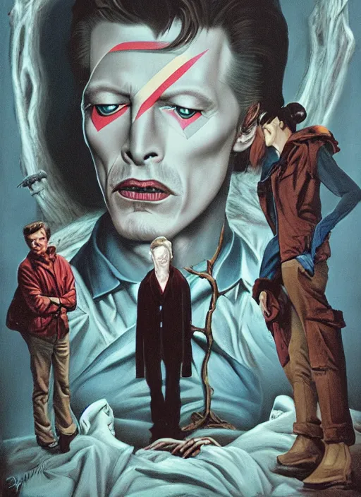 Image similar to twin peaks poster art, david bowie is infected with the spirit of the wendigo demon, old retro pulp, by michael whelan, rossetti bouguereau, artgerm, retro, nostalgic, old fashioned