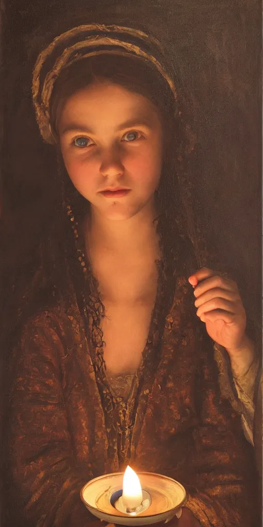 Image similar to Highly detailed and cinematic romantic period oil painting of a medieval peasant girl holding a candle, strong atmosphere, oil painting masterpiece by Josep Tapiró Baró, symmetry, fractals