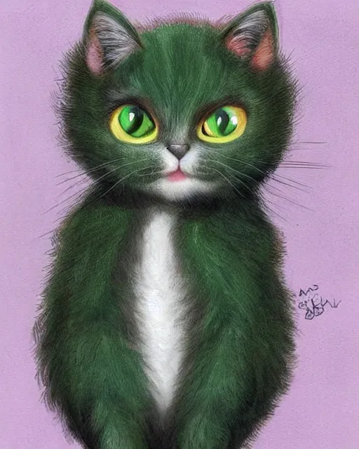 Image similar to a cute cat with large green eyes with a huge afro on its head, by aaron blaise