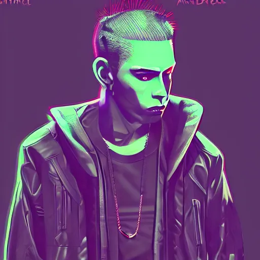 Prompt: Cyberpunk eminem, 90s aesthetic, digital art, vaporwave, trending on artstation