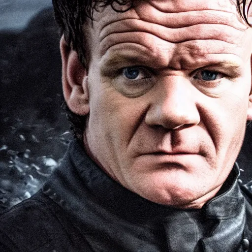 Image similar to gordon ramsey as ramsay bolton in game of thrones, 4 k, epic, cinematic, focus, movie still, fantasy, serious, extreme detail, atmospheric, dark colour, sharp focus