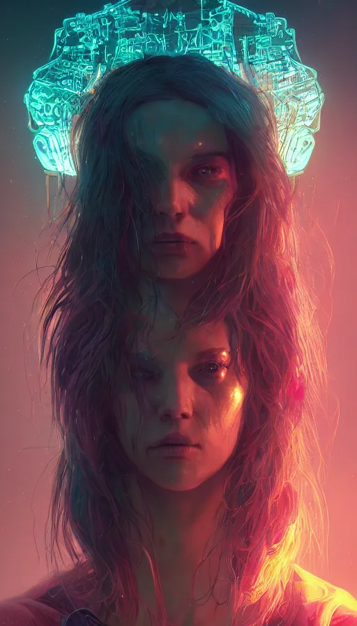 Image similar to I have no mouth and i want to scream, cyberpunk angry gorgeous druid, pixel sorting, neon, fibonacci, sweat drops, insane, intricate, highly detailed, digital painting, artstation, concept art, smooth, sharp focus, illustration, Unreal Engine 5, 8K, art by artgerm and greg rutkowski and alphonse mucha