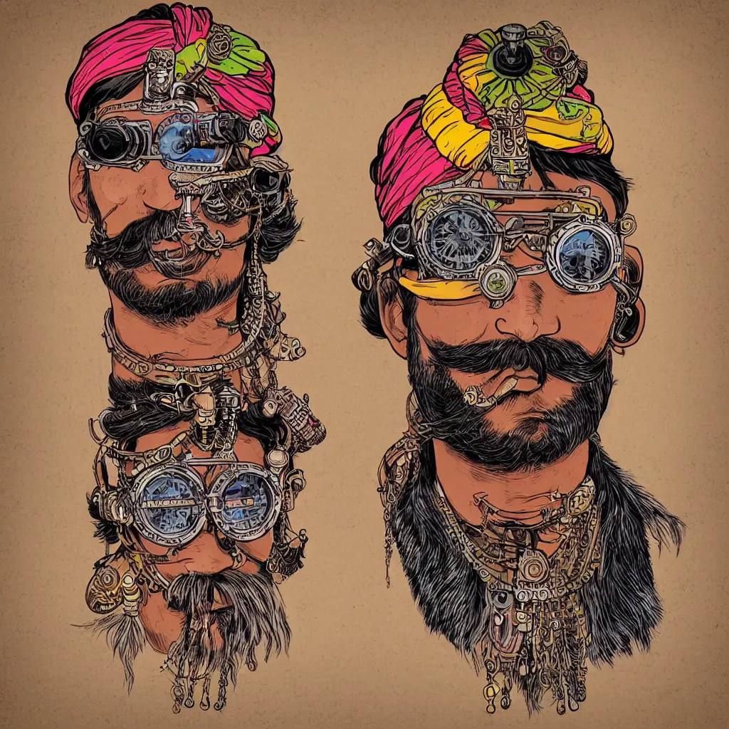 Image similar to face portrait of an indian man with long neon moustache rajasthani pagdi wearing madmax style steampunk goggles and steampunk jewelry, art by butcher billy, sticker, colorful, illustration, highly detailed, simple, smooth and clean vector curves, no jagged lines, vector art, smooth