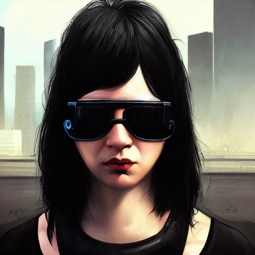 Prompt: closeup portrait of a young trained female cyberpunk assassin, small sunglasses, wired, black hair, shag cut, dramatic light, city background, sunset, high contrast, sharp, painted by stanley lau, painted by greg rutkowski, painted by stanley artgerm, digital art, trending on artstation