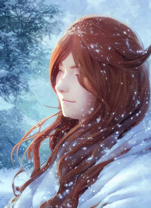 Image similar to an elven girl with long flowing auburn hair in the snow. By Makoto Shinkai, Stanley Artgerm Lau, WLOP, Rossdraws, James Jean, Andrei Riabovitchev, Marc Simonetti, krenz cushart, Sakimichan, trending on ArtStation, digital art.