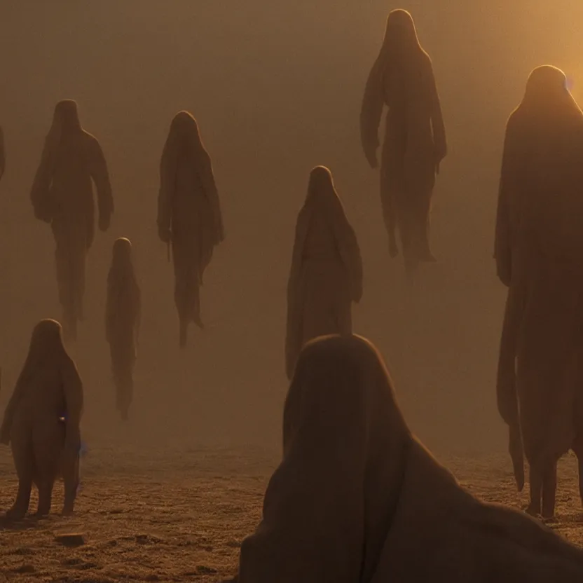 Image similar to thumb people, golden hour lighting, cinematic film still from the movie directed by denis villeneuve with art direction by wayne barlowe and salvador dali, wide lens, f 3 2