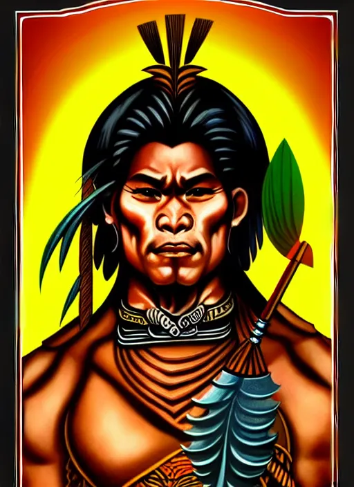 Prompt: lapu - lapu tarot card portrait fullbody, vintage artwork, filipino artwork, indonesian art, cruz herrera jose, trending on artstation