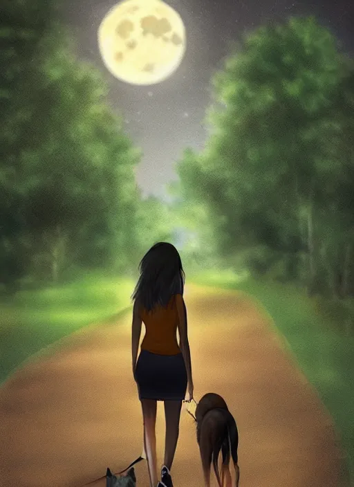 Image similar to young beautiful brown woman walking her dog in a park at night with a full moon, illustration, photoreal, fantasy