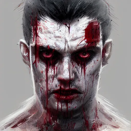 Image similar to close-up, symmetrical, portrait of man, bloody, bruised, scarred, marvel art, art by greg rutkowski, matte painting, trending on artstation