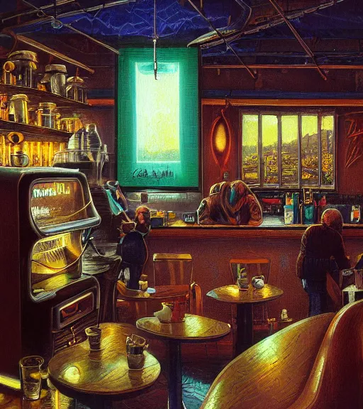 Prompt: cozy seattle coffee shop. vantablack cloth technology, vintage shapes, retro technology, happy colors dariusz zawadzki, tim hildebrandt, wayne barlow, bruce pennington, larry elmore, oil on canvas, deep depth field, masterpiece, cinematic composition. dramatic zoom, hyperdetailed, hd, hdr