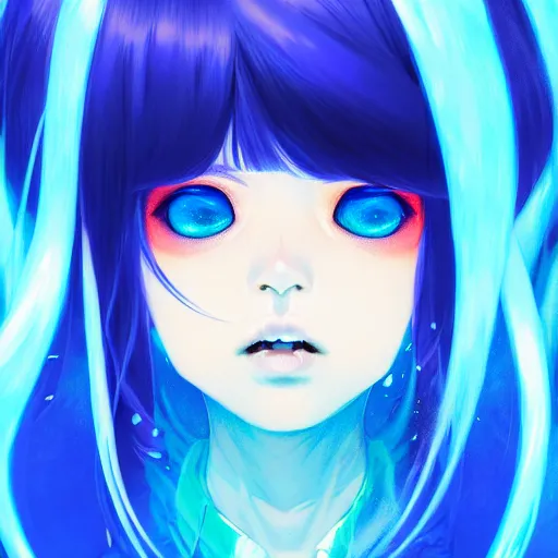 Image similar to blue slime swirling around rimuru tempest crying, enveloped in ghosts, sky blue straight hair, bangs, with amber eyes, black jacket, high collar, ultra fine detaile, dark theme, digital painting, psychedelic, cinematic, wlop, pixiv, ilya kuvshinov, ross tran