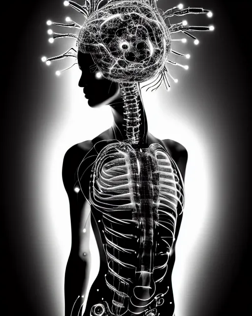 Image similar to black and white cyborg - plant goddess high quality photo, microchip, artificial intelligence, bio - mechanical bio - luminescence, black wired cables, neurons, nerve cells, cinematic, rim light, photo - realistic, high detail, 8 k, masterpiece, high fashion, in the style of steven meisel dora maar h. g. giger