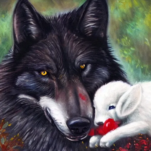 Image similar to a majestic large black wolf with red eyes curled around a small, fragile and cute white rabbit lovingly to protect it from the dangerous forest that is all around them, oil painting, award winning, 4k, high quality, high detail